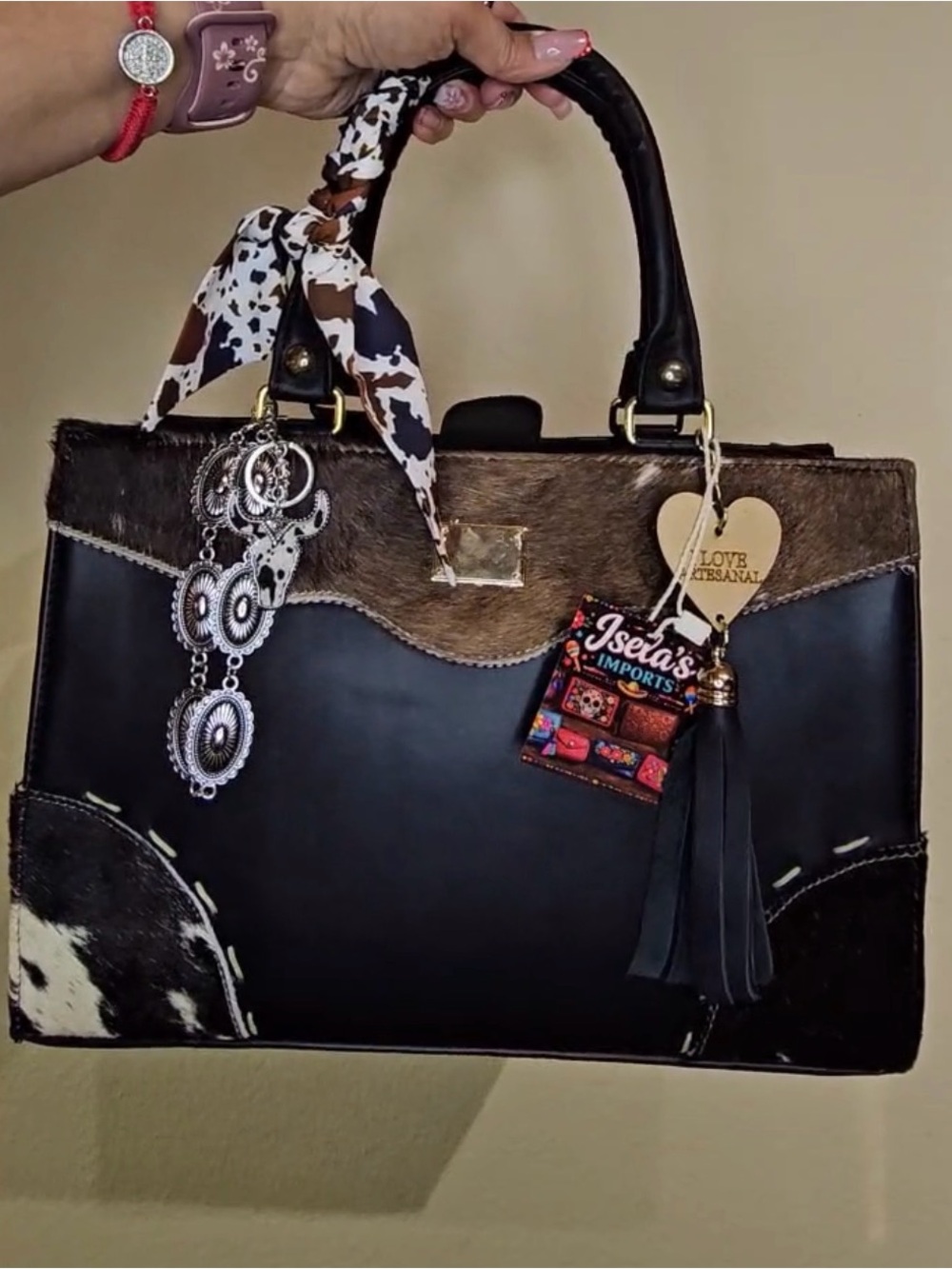 Black and Brown Cowhide Accent Leather Tote - Handmade